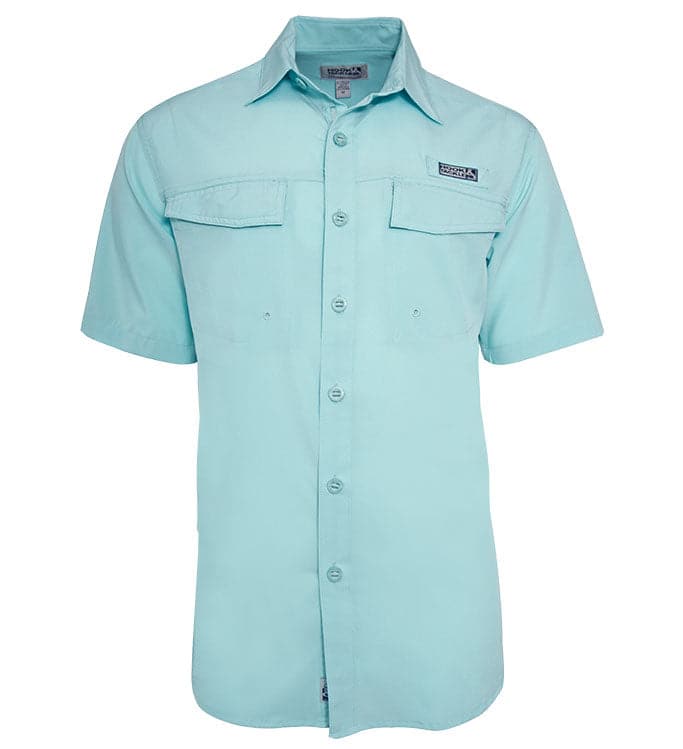 Light blue short-sleeve fishing shirt with button front, two chest pockets, and UV protection features. Ideal for outdoor act
