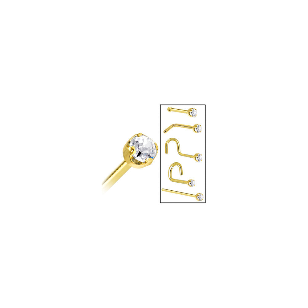 Solid 14K Yellow Gold 2mm Clear Cubic Zirconia Nose Ring
