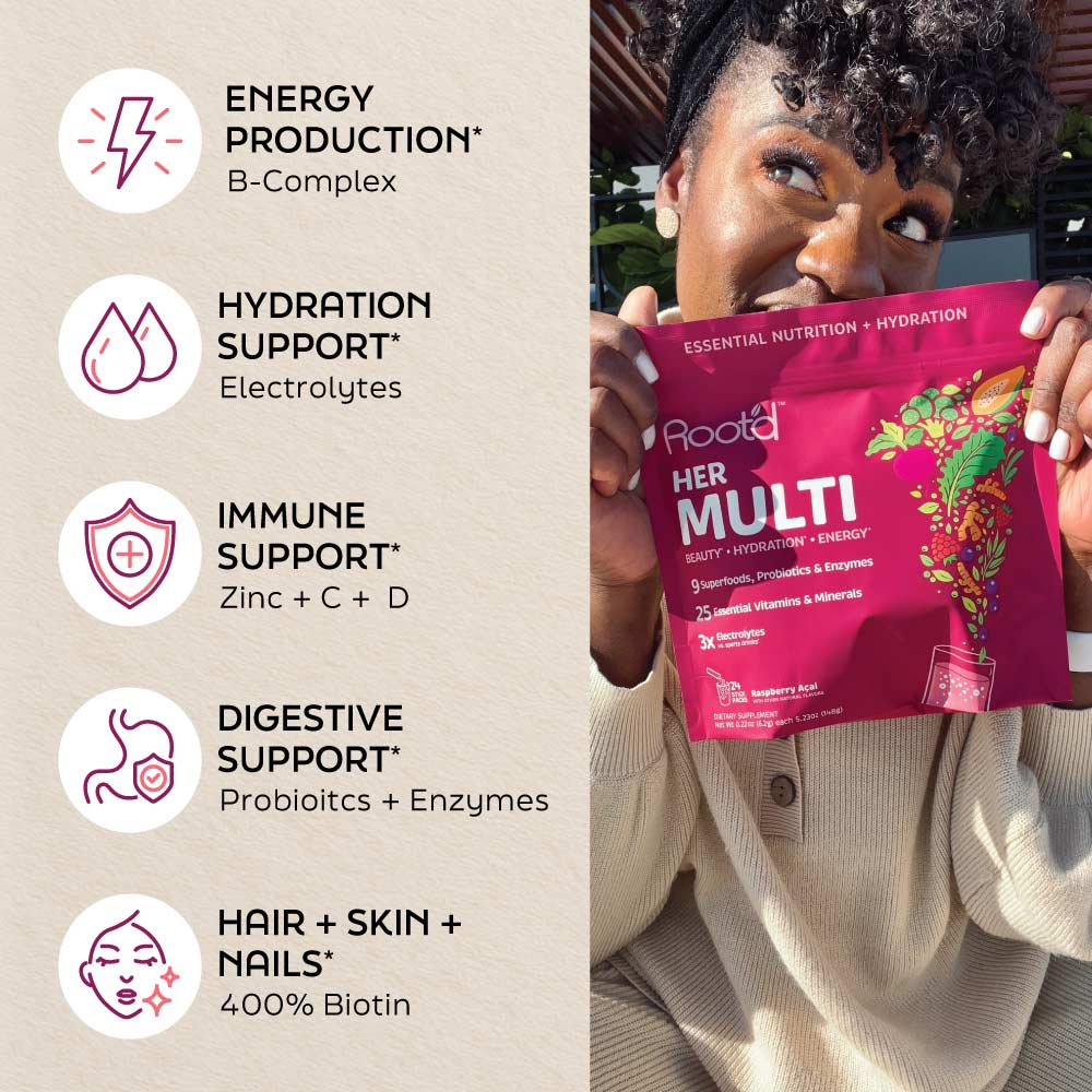 Advanced Daily Nutrition - Formulated for Her, featuring a woman holding a vibrant pink supplement bag with icons for energy,