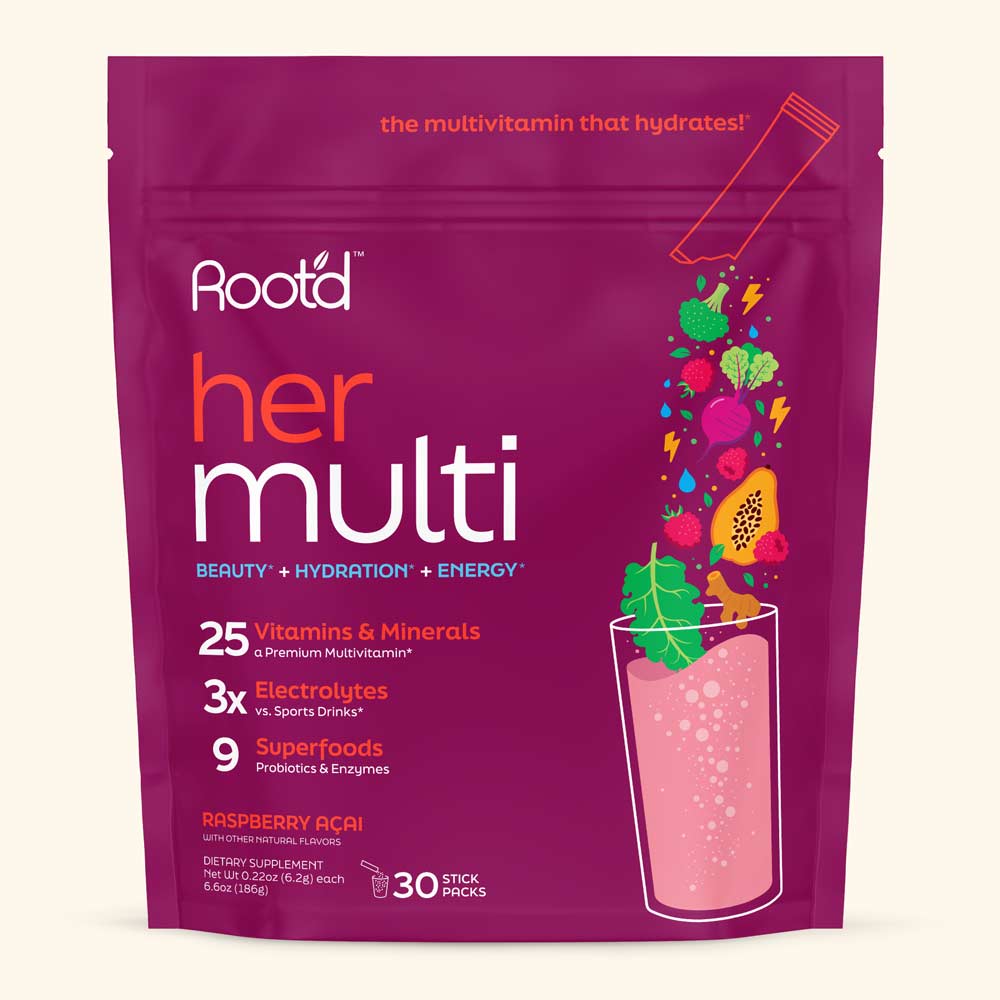 Advanced Daily Nutrition - Formulated for Her features a vibrant purple pouch with a smoothie illustration, highlighting vita