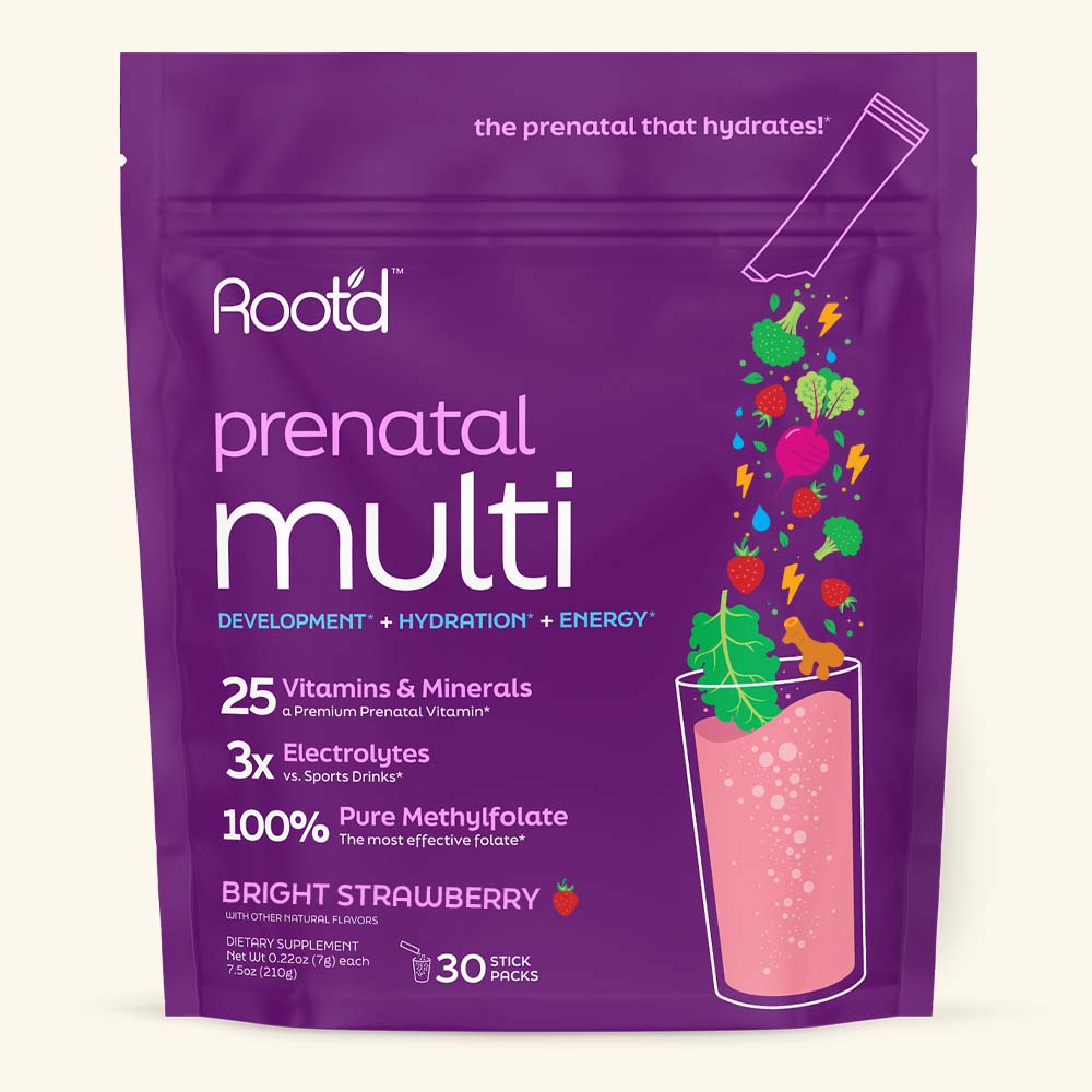 Essential Prenatal Nutrition + Electrolytes in a purple pouch, featuring bright strawberry flavor and 30 stick packs.