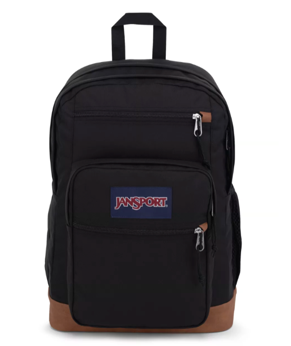 Jansport COOL STUDENT Backpack in black with a front pocket, side mesh pocket, and brown accents. Ideal for students.