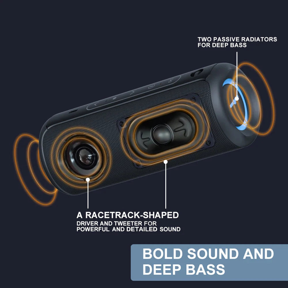 P3 Portable Bluetooth Speaker with racetrack-shaped driver, tweeter, and two passive radiators for bold sound and deep bass.