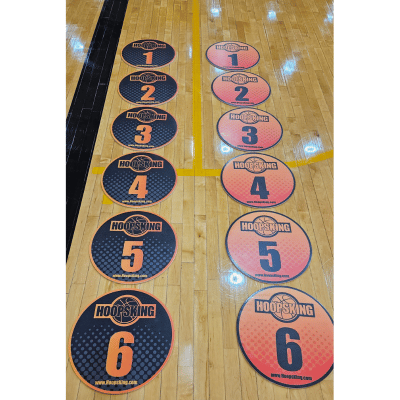 Offensive Spacing Training Spot Markers set, featuring numbered circular markers from 1 to 6 on a basketball court.