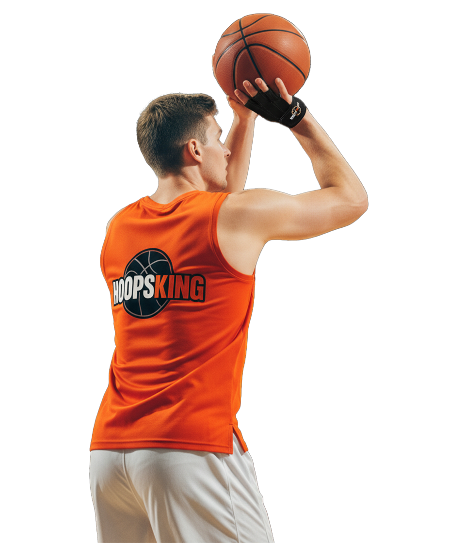A basketball player wearing an orange sleeveless shirt and the Perfect Jump Shot Glove, preparing to shoot a basketball.