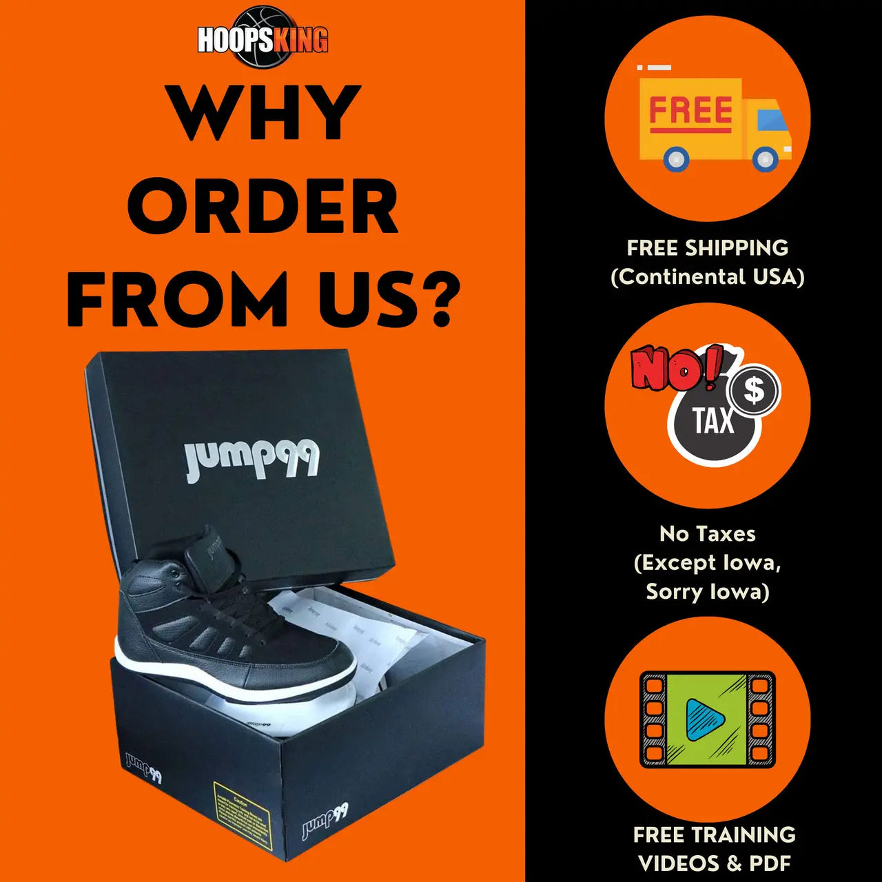 Jump 99 Plyometric Strength Training Shoes in a black box on an orange background, highlighting free shipping and training re