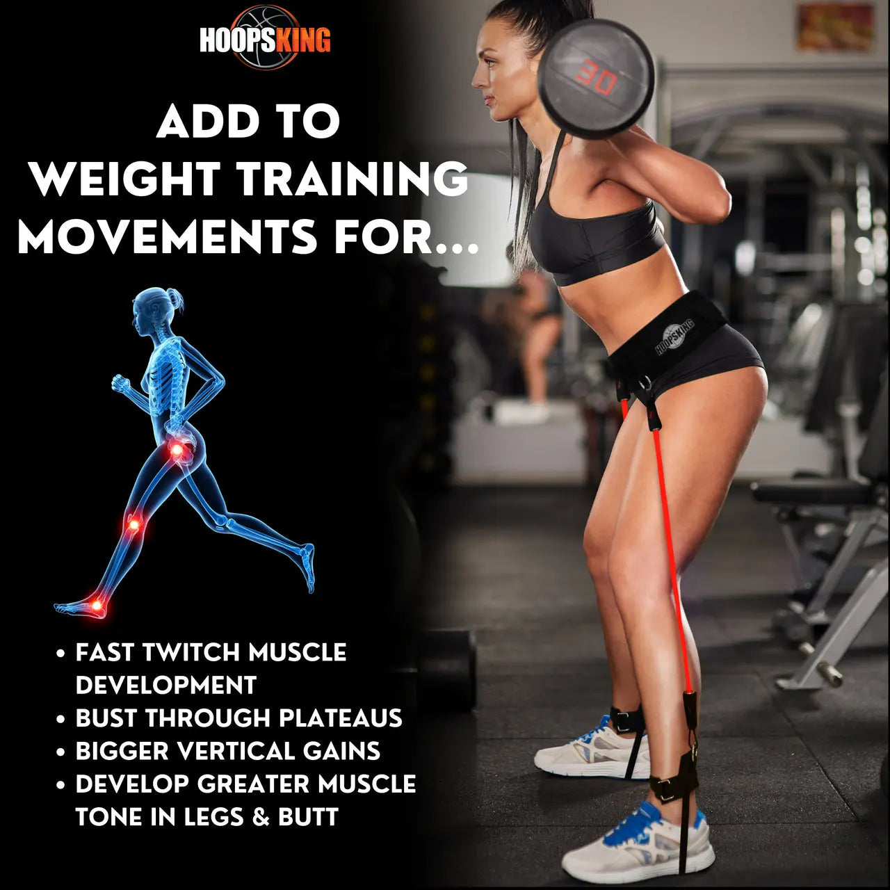 HoopsKing Vertical Jump Trainer Resistance Bands attached to a person, demonstrating exercise for muscle development and vert