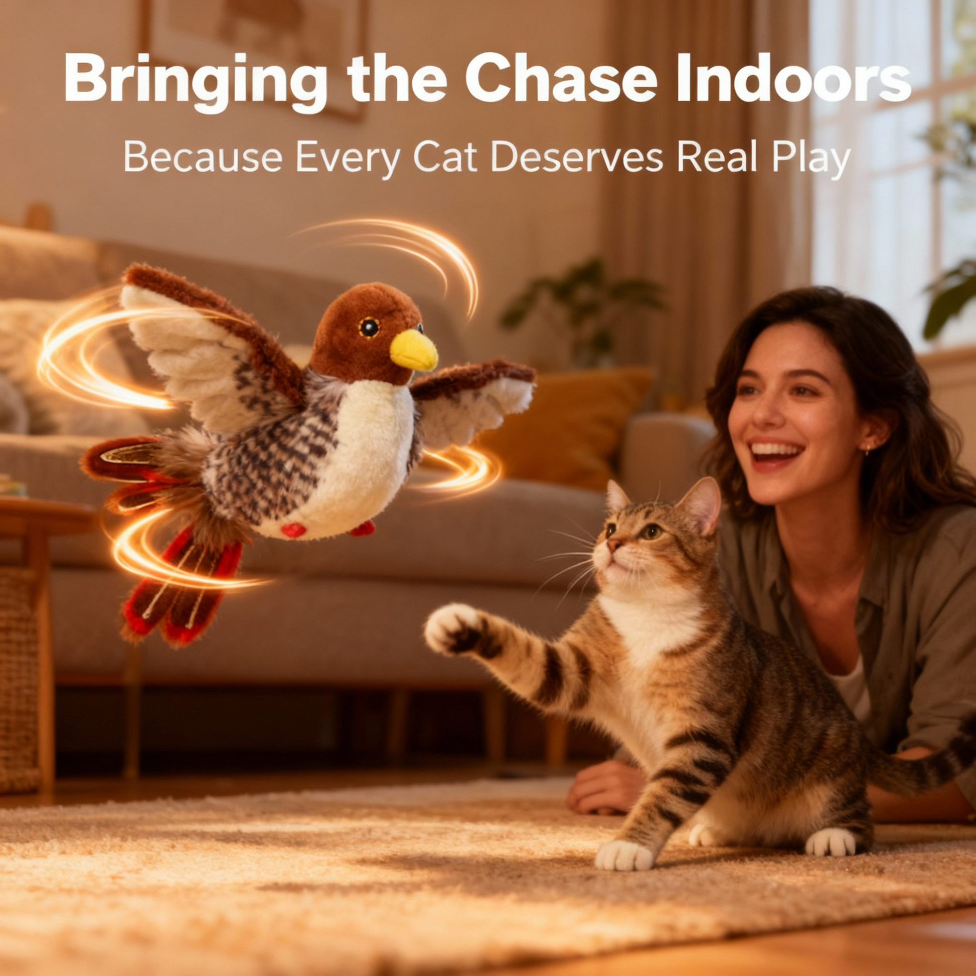 Interactive flying bird toy for cats, featuring a woman and a cat playing together indoors.