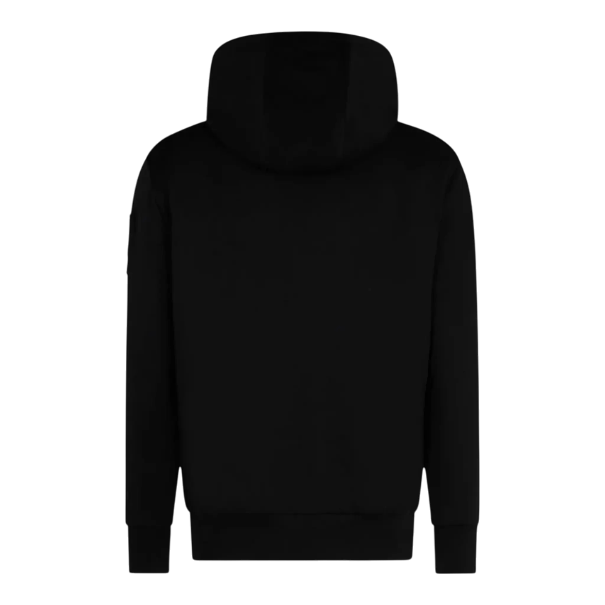 Black zip-up hoodie with a white fur-lined hood, featuring a classic design from Moose Knuckles.