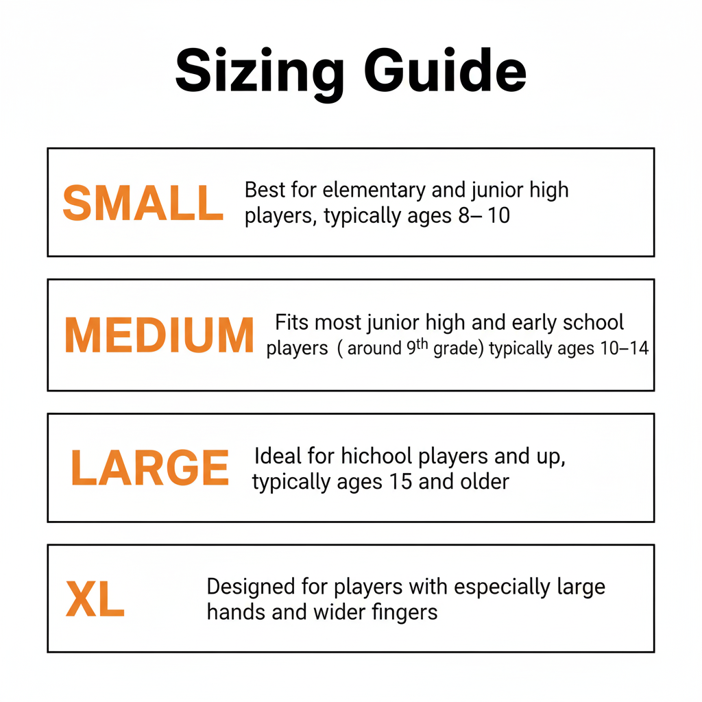Sizing guide for Perfect Jump Shot Glove, detailing sizes small to XL for basketball players of various age groups.