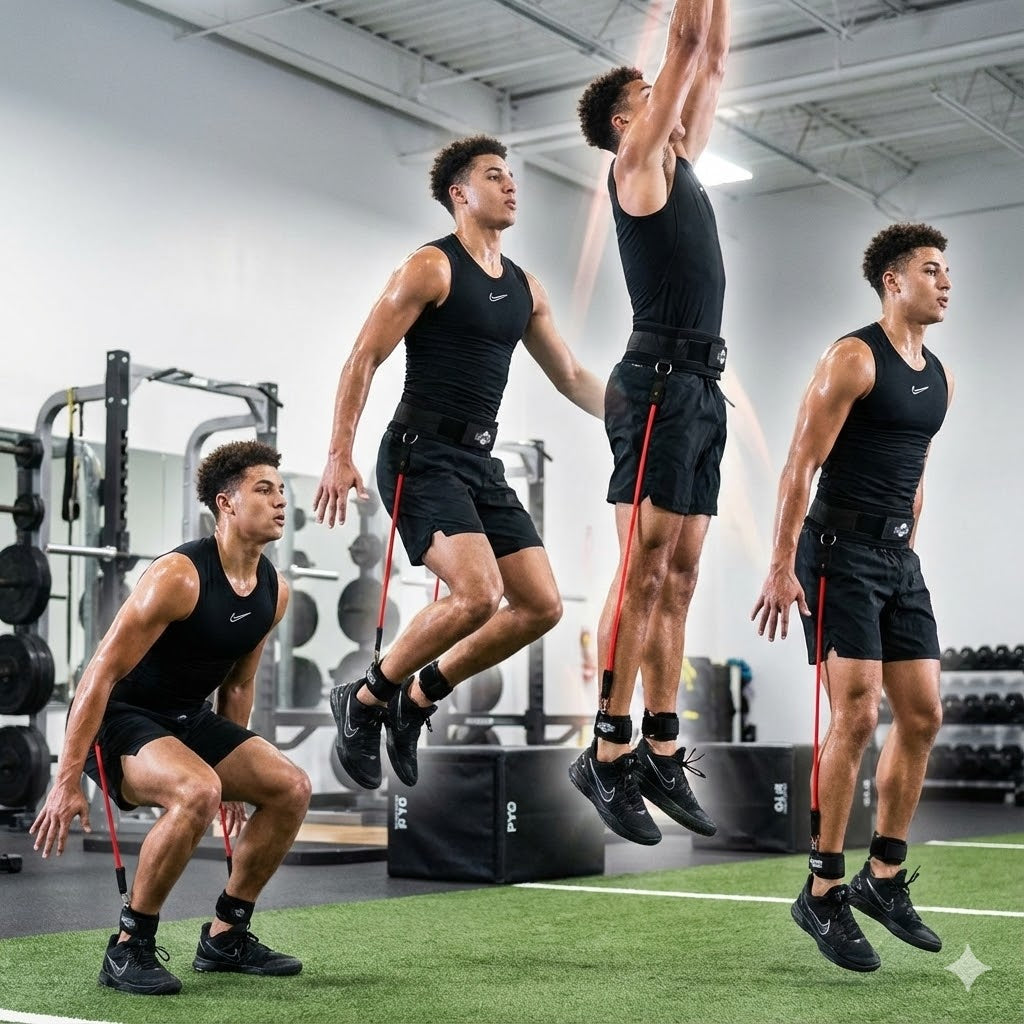 HoopsKing Vertical Jump Trainer Resistance Bands in use, showing a person performing jump exercises with bands from waist to