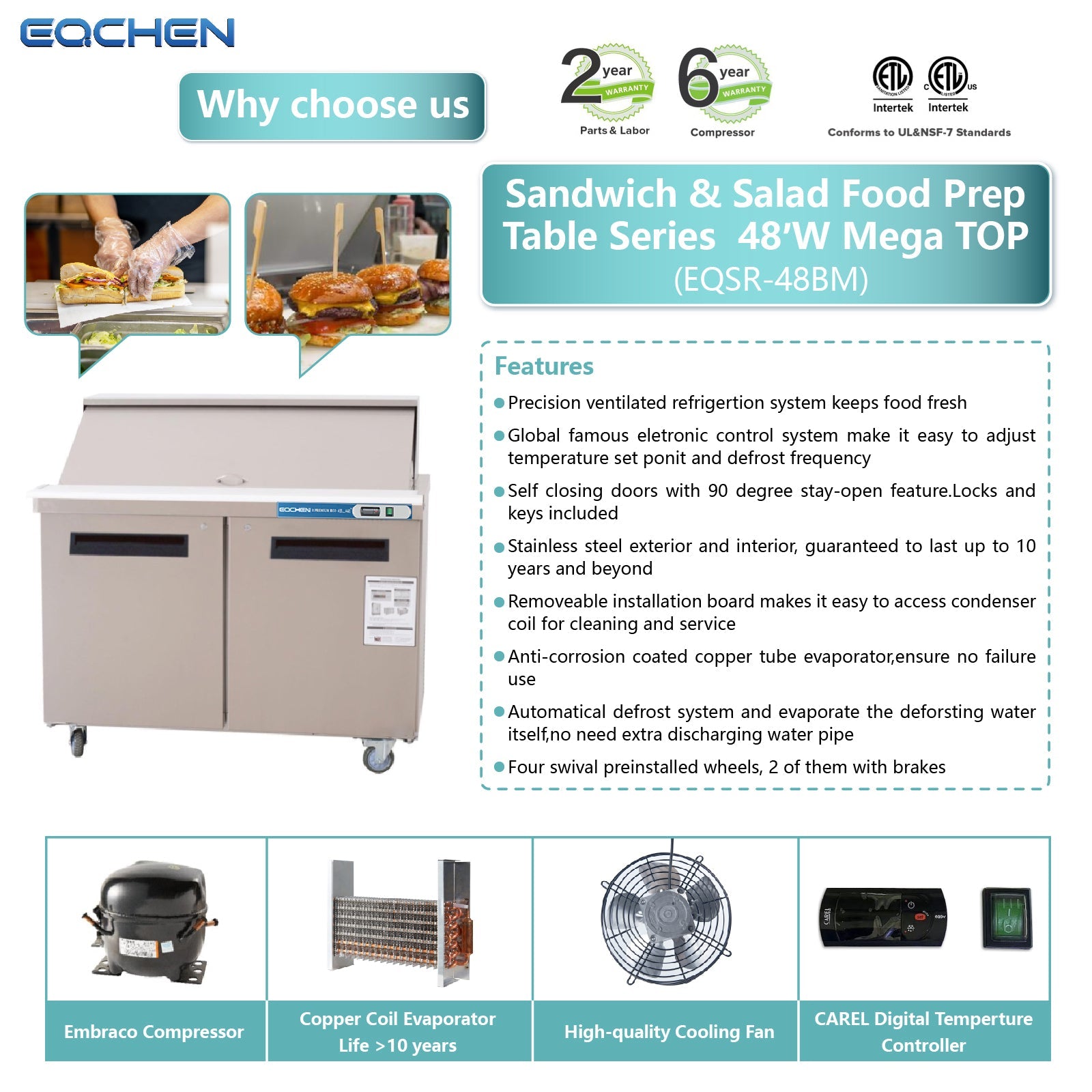 EQCHEN 48 Inch Mega Top Sandwich Prep Table Refrigerator