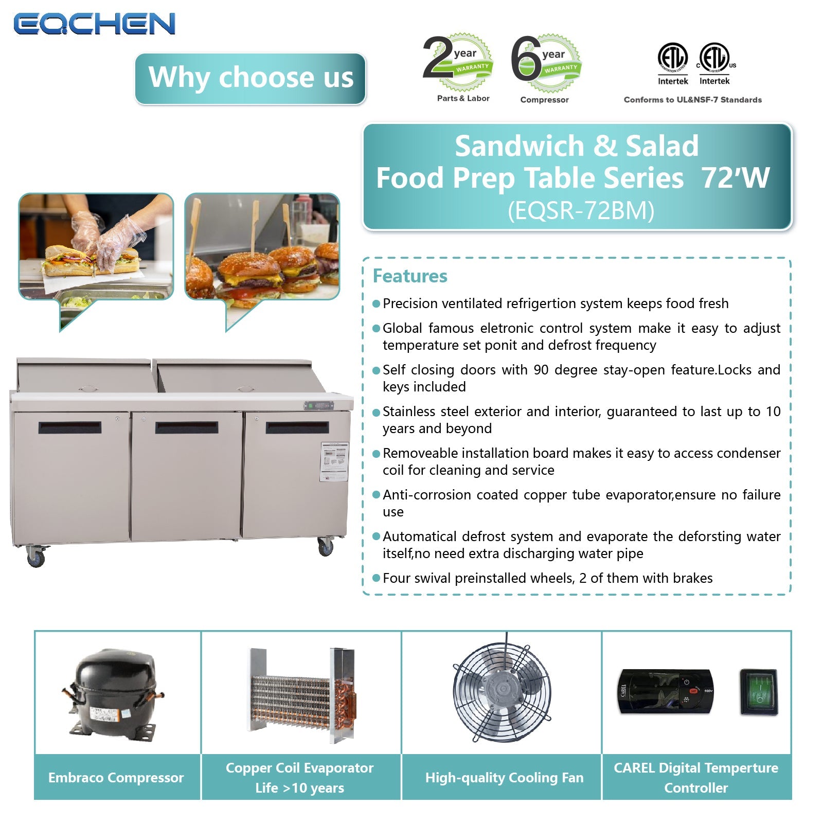 EQCHEN 72 Inch Mega Top Sandwich Prep Table Refrigerator