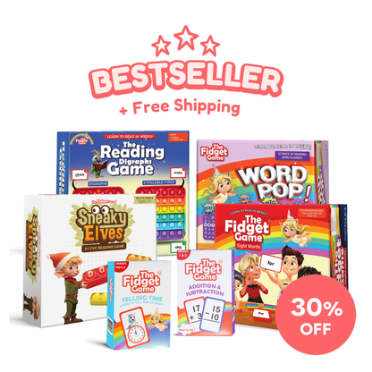 The Fidget Game: Sight Words Edition, featuring educational games and books, with a "Bestseller" label and 30% off promotion.