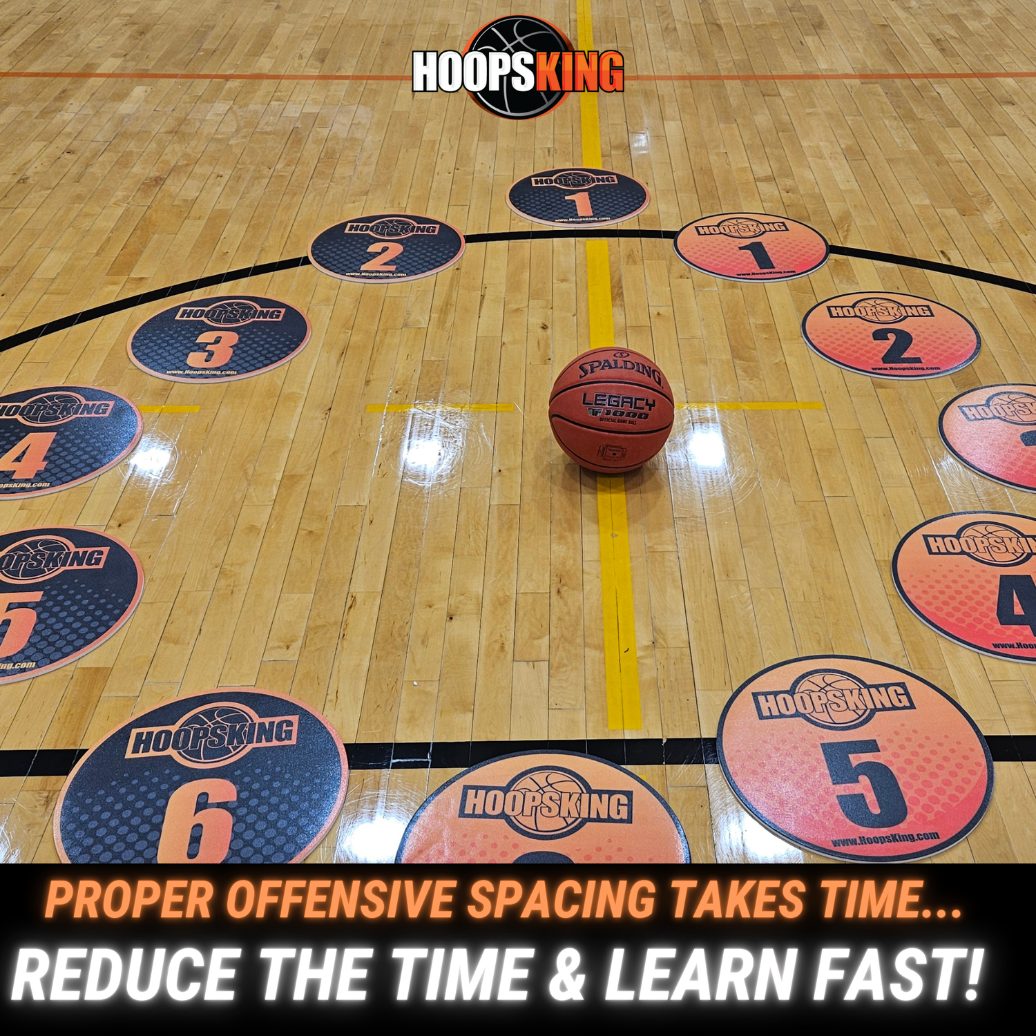 Offensive Spacing Training Spot Markers in a basketball court layout, featuring numbered circular markers and a basketball.