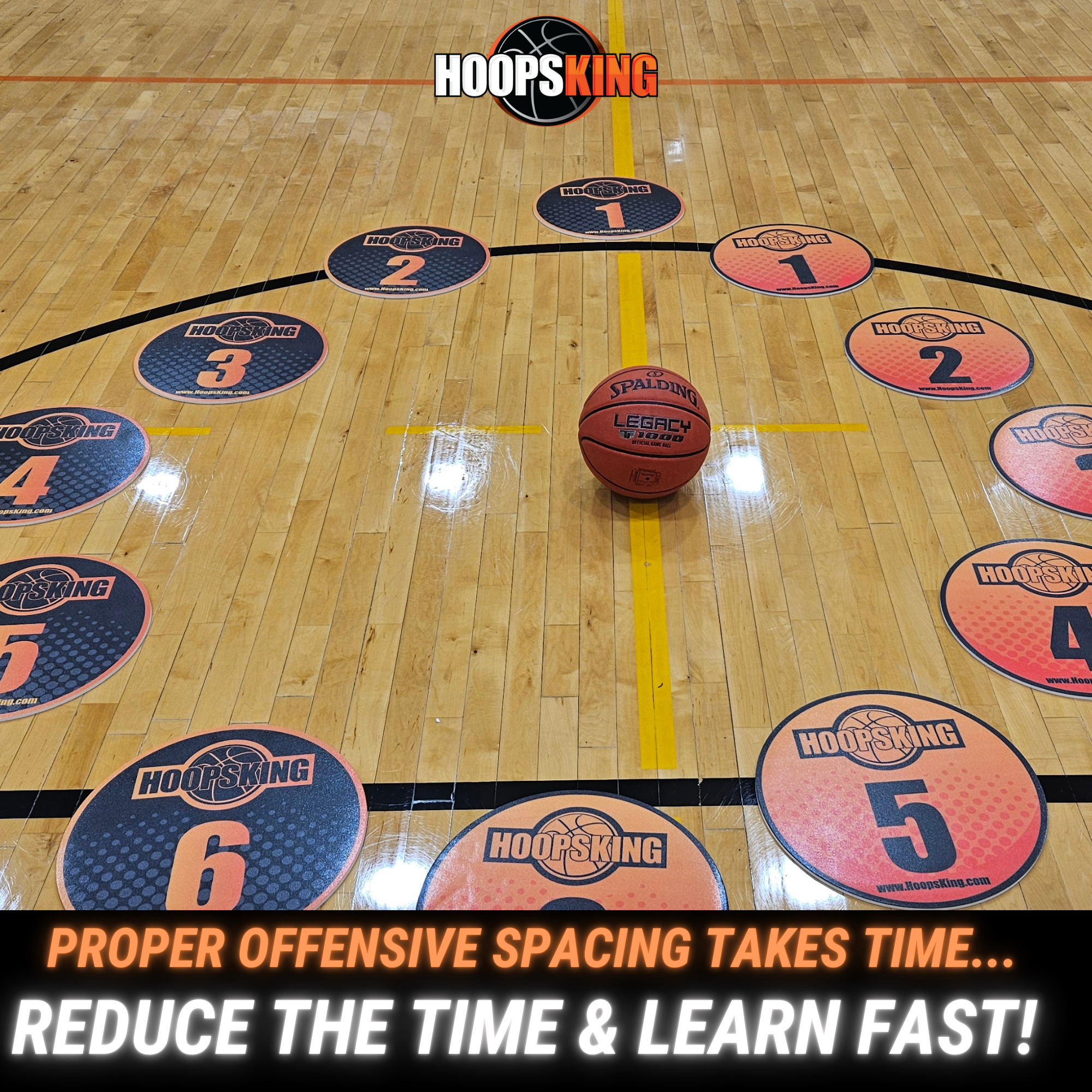 Offensive Spacing Training Spot Markers in a basketball court layout, featuring numbered circular markers and a basketball.