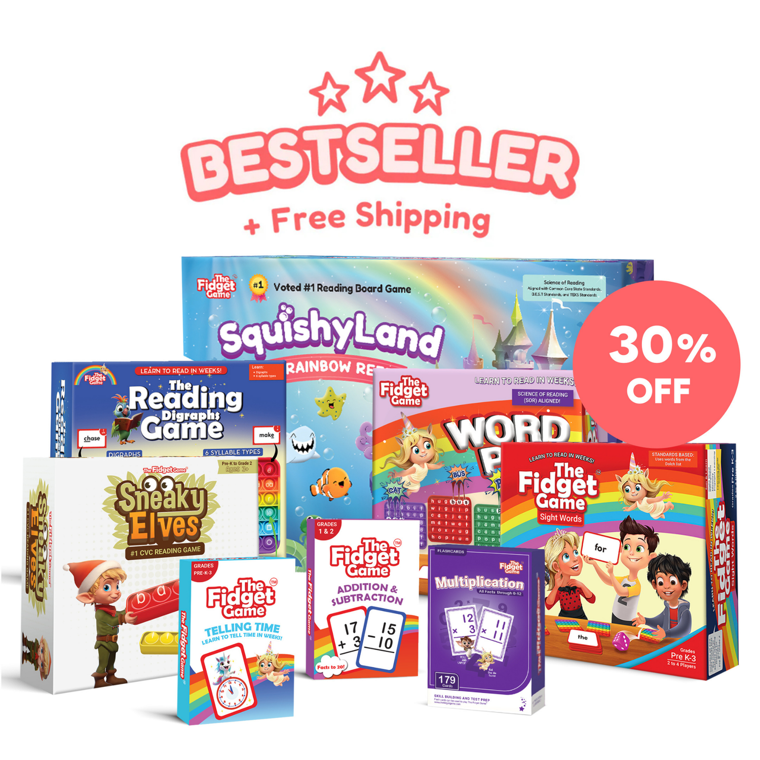 The Fidget Game: Sight Words Edition with various educational games, colorful boxes, and a "30% OFF" badge.