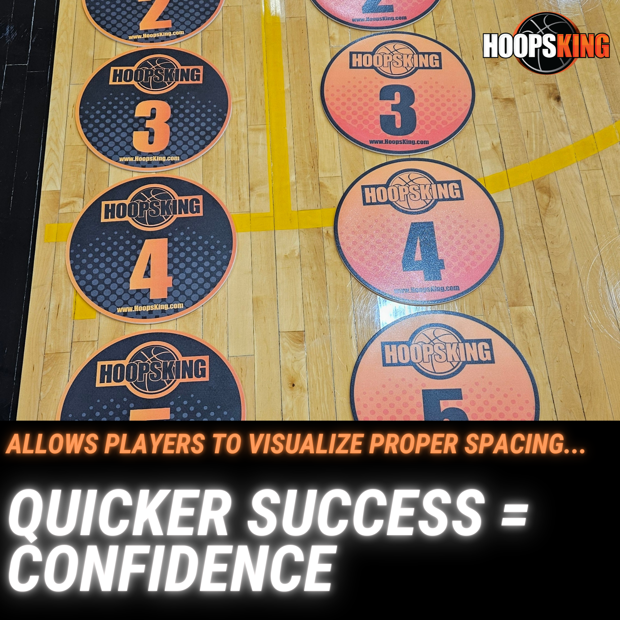 Offensive Spacing Training Spot Markers, 16", circular, numbered 1-5, on a basketball court for visualizing spacing.