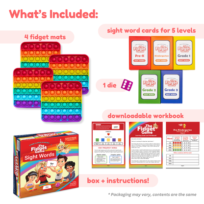 The Fidget Game: Sight Words Edition includes 4 fidget mats, sight word cards for 5 levels, a die, a downloadable workbook, a