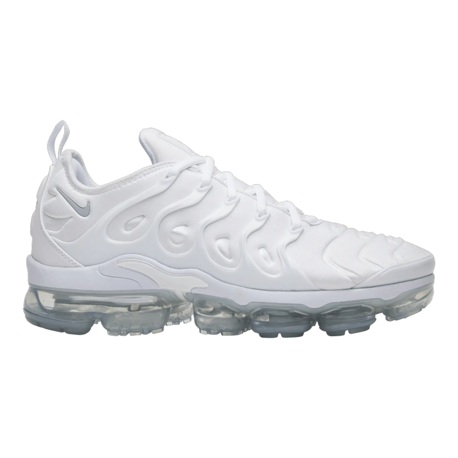 Nike Air Vapormax Plus Men Sneakers in White/Pure Platinum featuring a sleek design and transparent air cushioning.