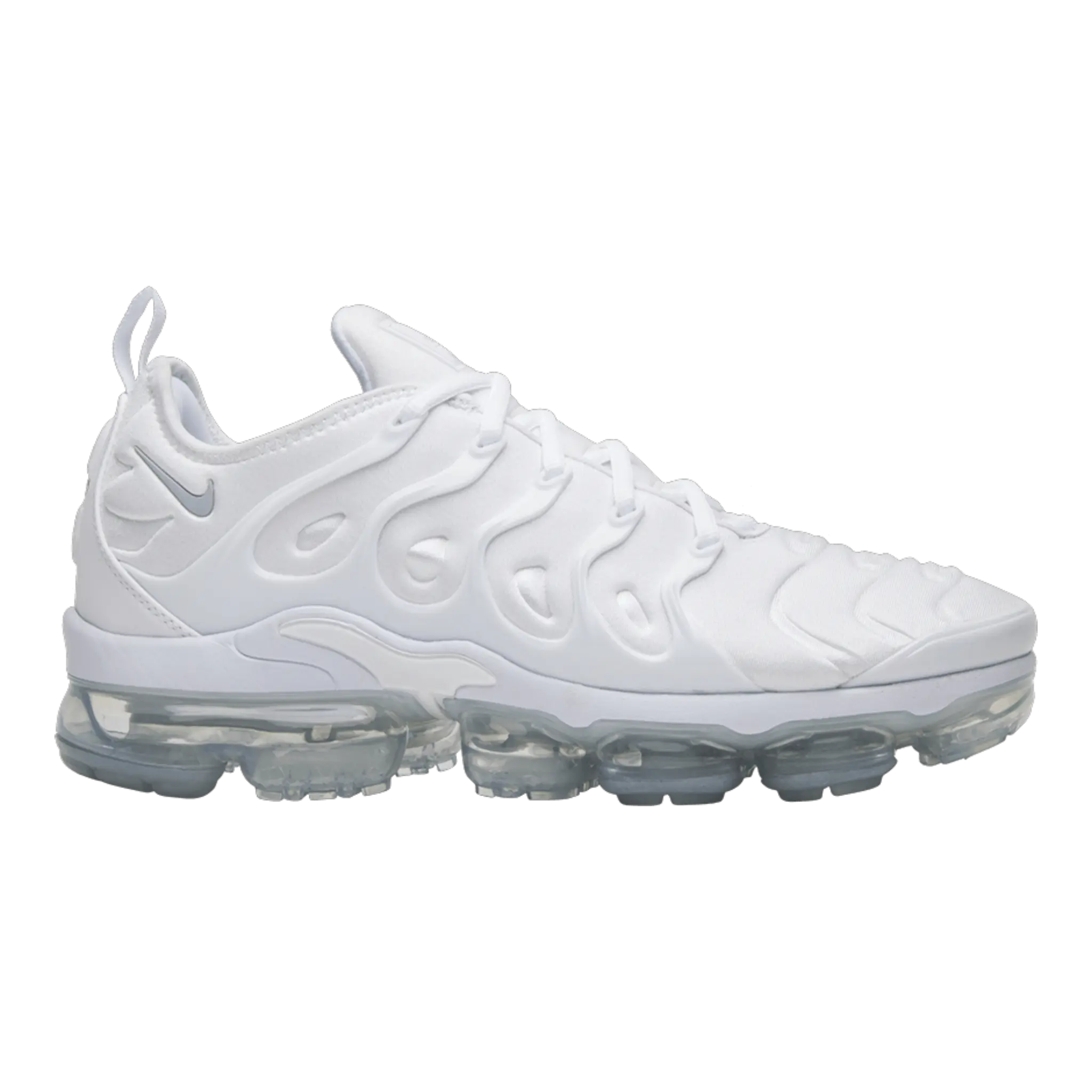 Nike Air Vapormax Plus Men Sneakers in White/Pure Platinum featuring a sleek design and transparent air cushioning.