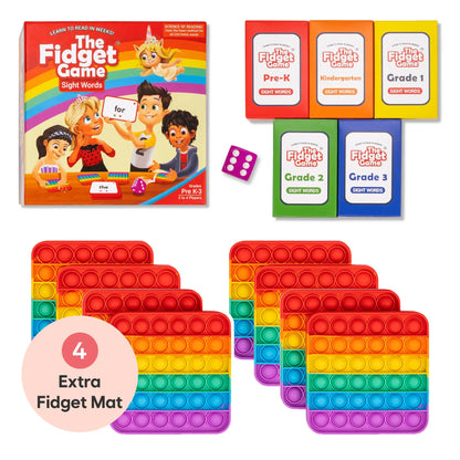 The Fidget Game: Sight Words Edition includes a colorful game box, sight word cards for grades Pre-K to 3, and four rainbow f