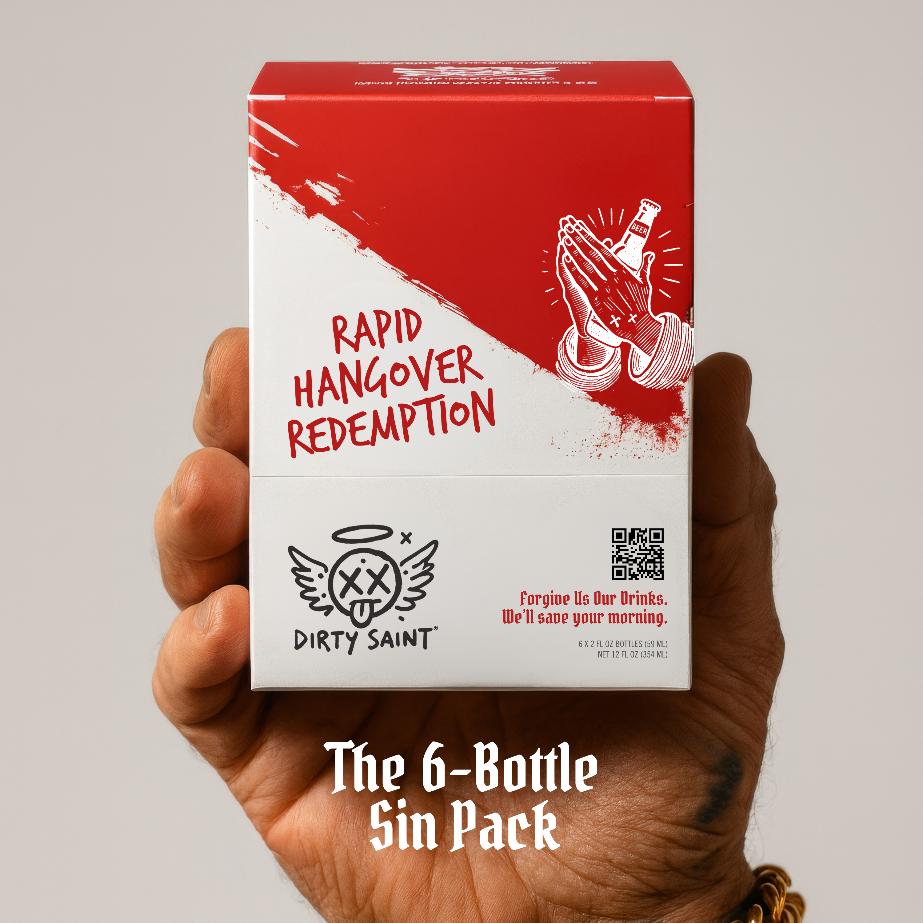 Hand holding a box of Rapid Hangover Recovery Shot in Natural Grape Flavor, featuring playful graphics and text.