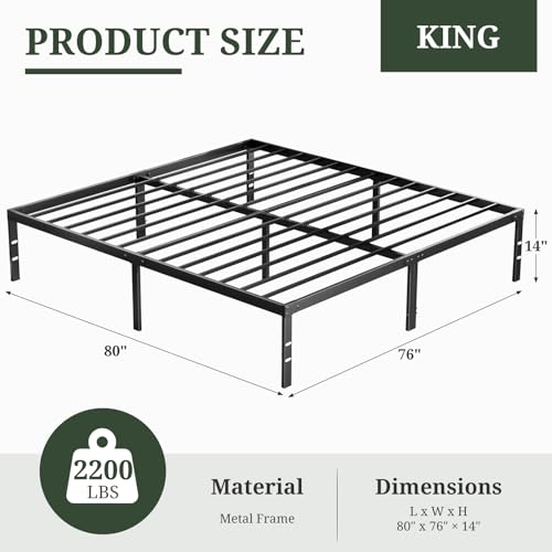 Queen Size Bed Frame, 14 Inch Metal Platform Bed Frames with Heavy Duty Steel Slat Support, No Box Spring Needed, Easy Assembly, Under Bed Storage