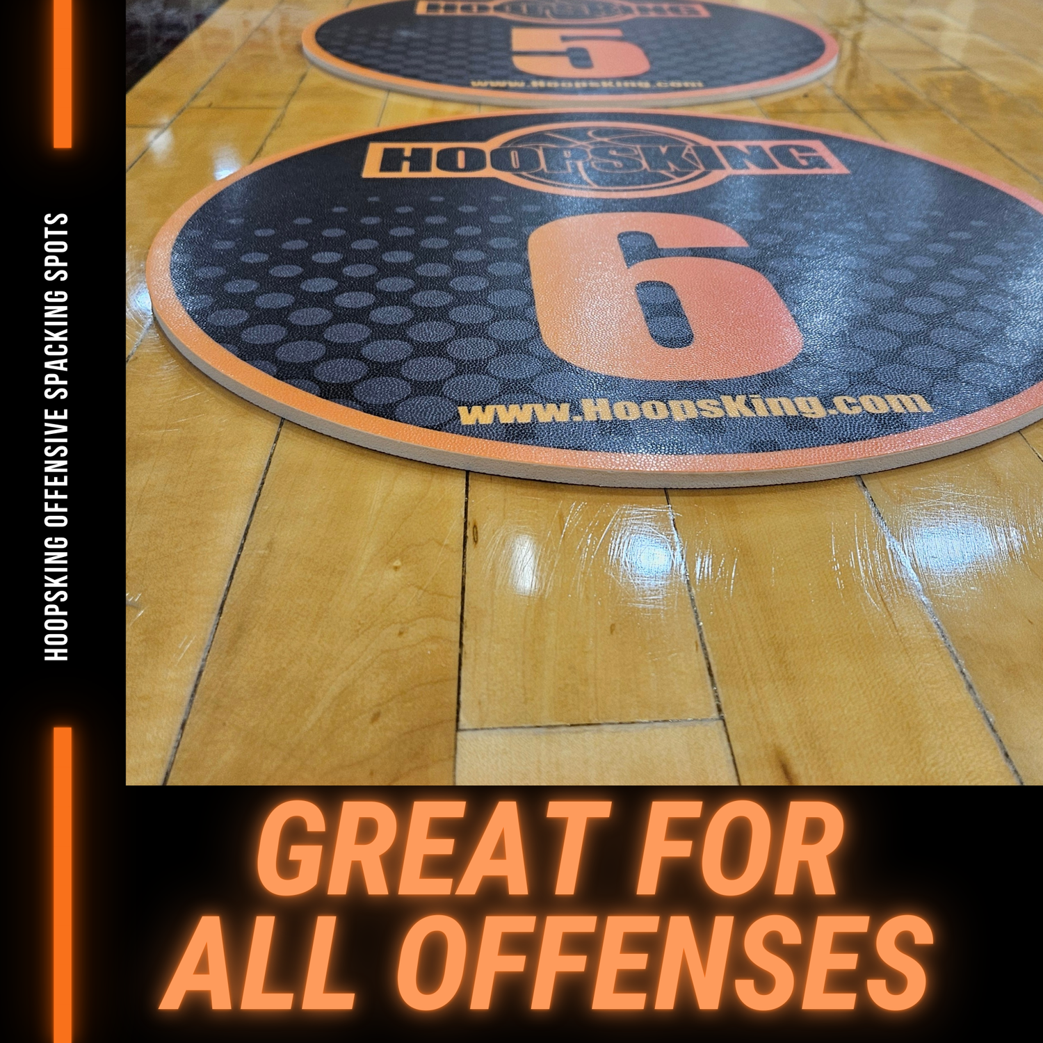 Offensive Spacing Training Spot Markers, 16", featuring numbered circles on a basketball court surface for practice.