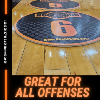 Offensive Spacing Training Spot Markers, 16", featuring numbered circles on a basketball court surface for practice.