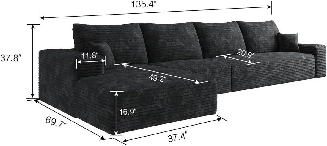 135" Oversized Compressed Sectional Sofa - 33D High-Density Foam Cloud Couch with Deep Seat - Minimalist 3-Piece Corduroy Upholstered Boneless Modular Lounge Couch | Breathable material, Full Foam, Anti-slip