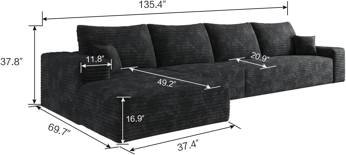 135" Oversized Compressed Sectional Sofa - 33D High-Density Foam Cloud Couch with Deep Seat - Minimalist 3-Piece Corduroy Upholstered Boneless Modular Lounge Couch | Breathable material, Full Foam, Anti-slip