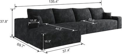 135" Oversized Compressed Sectional Sofa - 33D High-Density Foam Cloud Couch with Deep Seat - Minimalist 3-Piece Corduroy Upholstered Boneless Modular Lounge Couch | Breathable material, Full Foam, Anti-slip