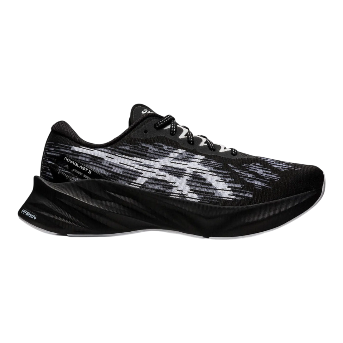 Asics Novablast 3 Men Running Sneakers in black and white with a sleek design and textured upper. Ideal for running.