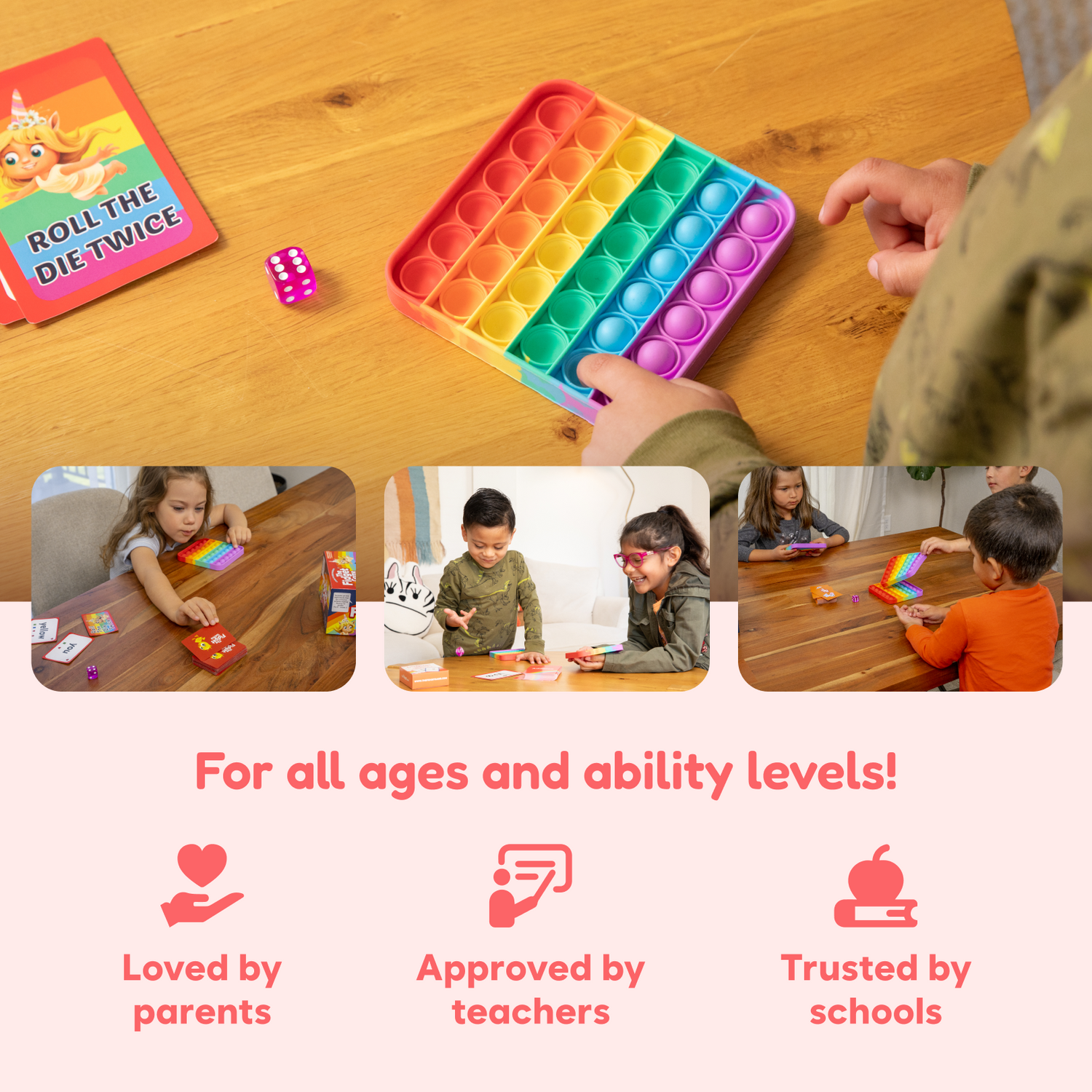 The Fidget Game: Sight Words Edition features a colorful pop-it board, dice, and children playing with it, promoting learning