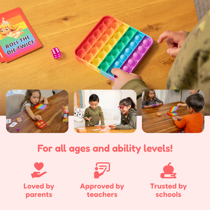 The Fidget Game: Sight Words Edition features a colorful pop-it board, dice, and children playing with it, promoting learning
