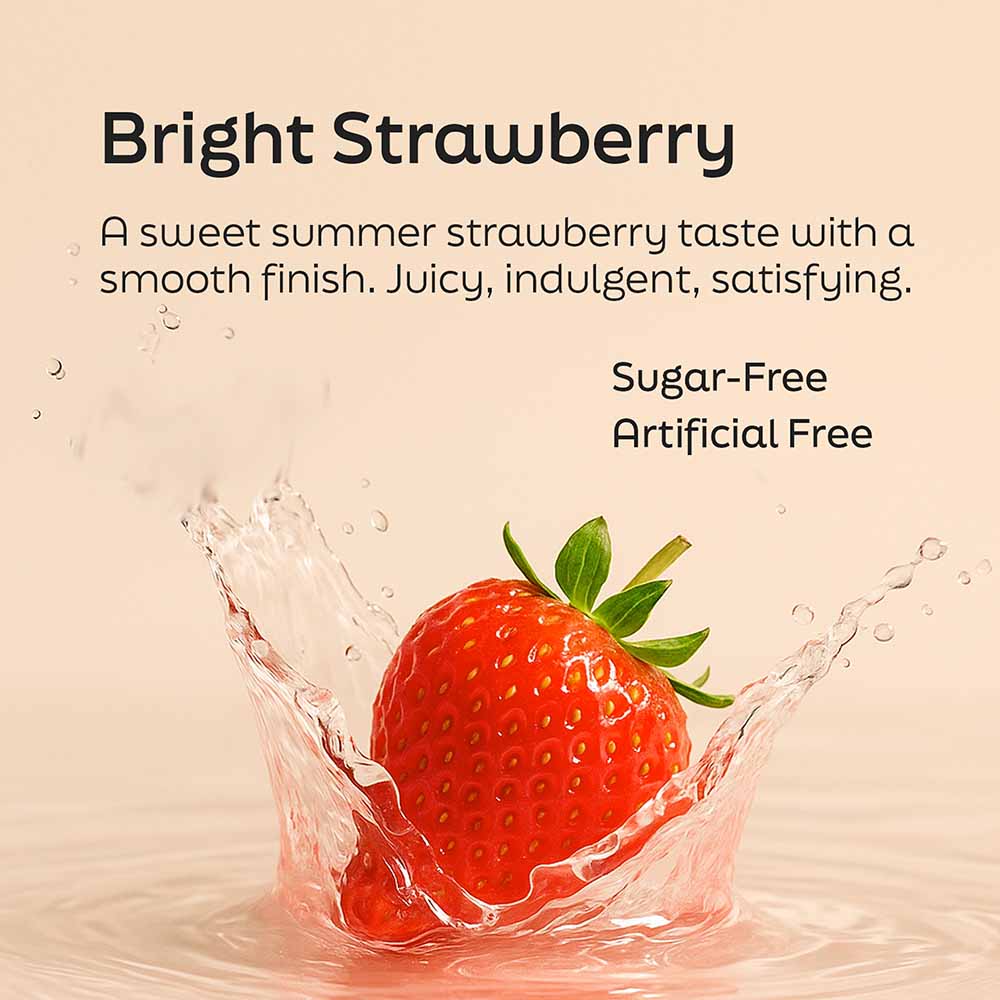 Advanced Daily Nutrition - Formulated for Men, featuring a fresh strawberry splashing in water, highlighting its sugar-free a