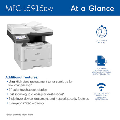Brother Professional Laser Printer All-in-One with Scanner and Copier, High-Speed 50 ppm Monochrome Printing, Wireless Network Ready, Dual-Band WiFi, Auto 2-Sided Print (MFC-L5915DW)