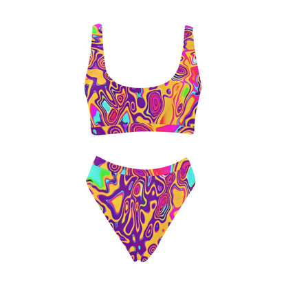 Retro Psychedelic Plasma Blast Sport Top &amp; High-Waisted Bikini Swimsuit / Rave Set