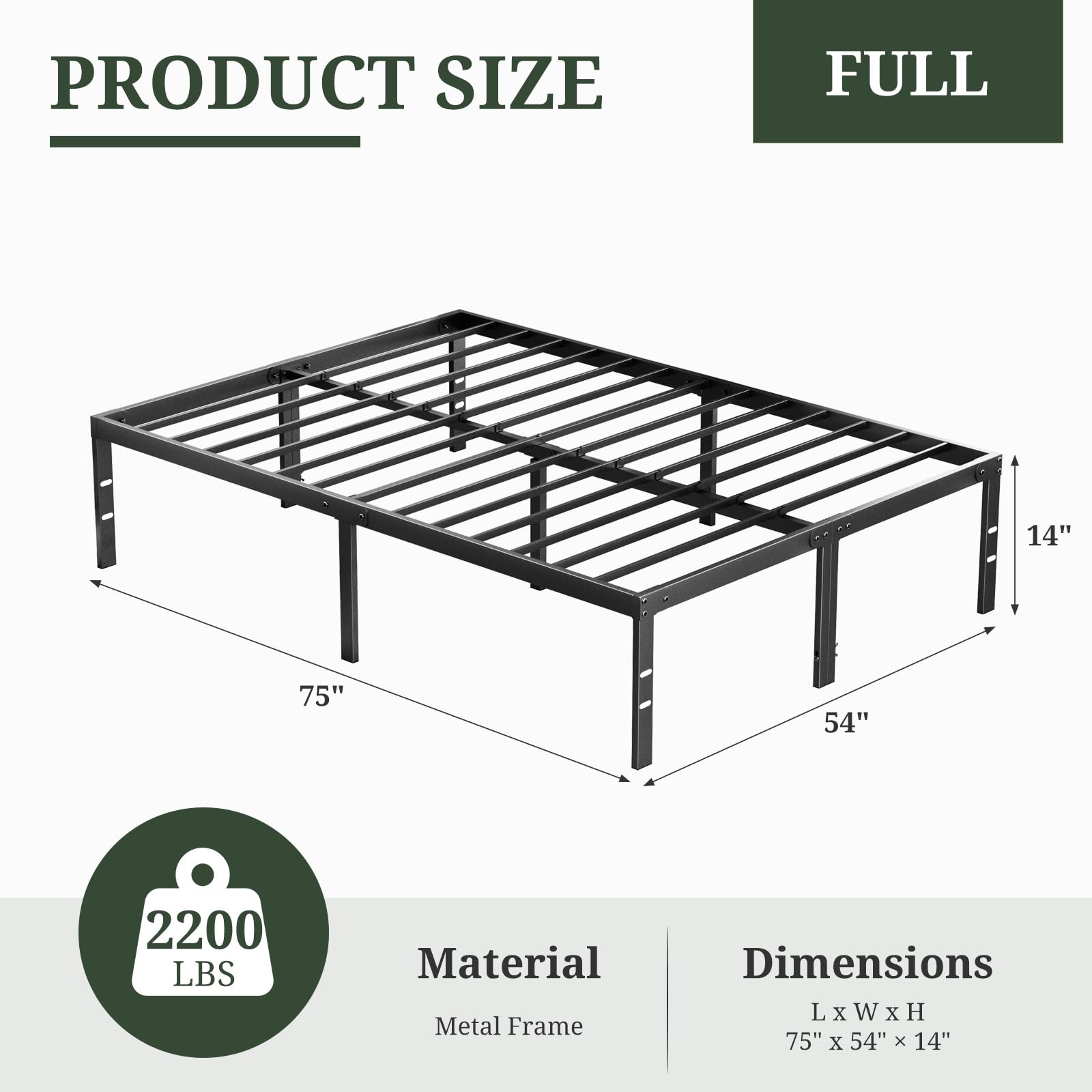 Queen Size Bed Frame, 14 Inch Metal Platform Bed Frames with Heavy Duty Steel Slat Support, No Box Spring Needed, Easy Assembly, Under Bed Storage