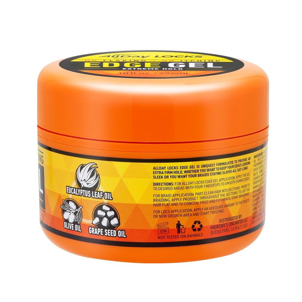 AllDay Locks Edge Gel Extreme Hold - Hair Gel for Maximum Control &amp; Braiding, Natural Edge Lock &amp; Fixer for Women &amp; Men, Sleek Moisturizing Formula, No Frizz, Flakes, or Grease - 10 oz Jar