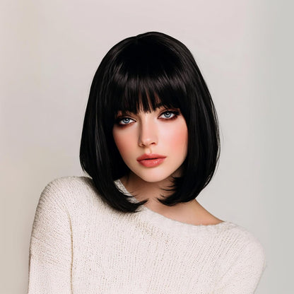 Black Bob Wig with Bangs, 12 Inch Straight Short Bob Wig, Natural Looking,Heat Resistant Synthetic,Adjustable Straps Wigs for Women Daily Wear and Party,with 2 Free Wig Caps