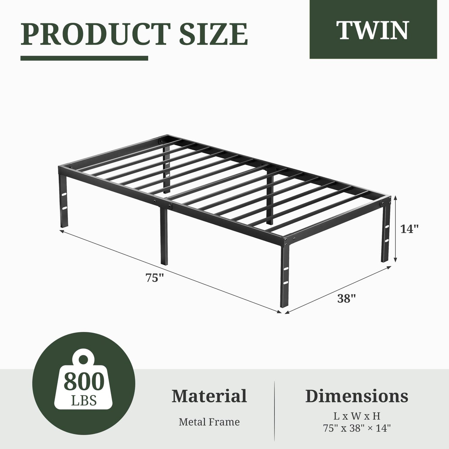 Queen Size Bed Frame, 14 Inch Metal Platform Bed Frames with Heavy Duty Steel Slat Support, No Box Spring Needed, Easy Assembly, Under Bed Storage