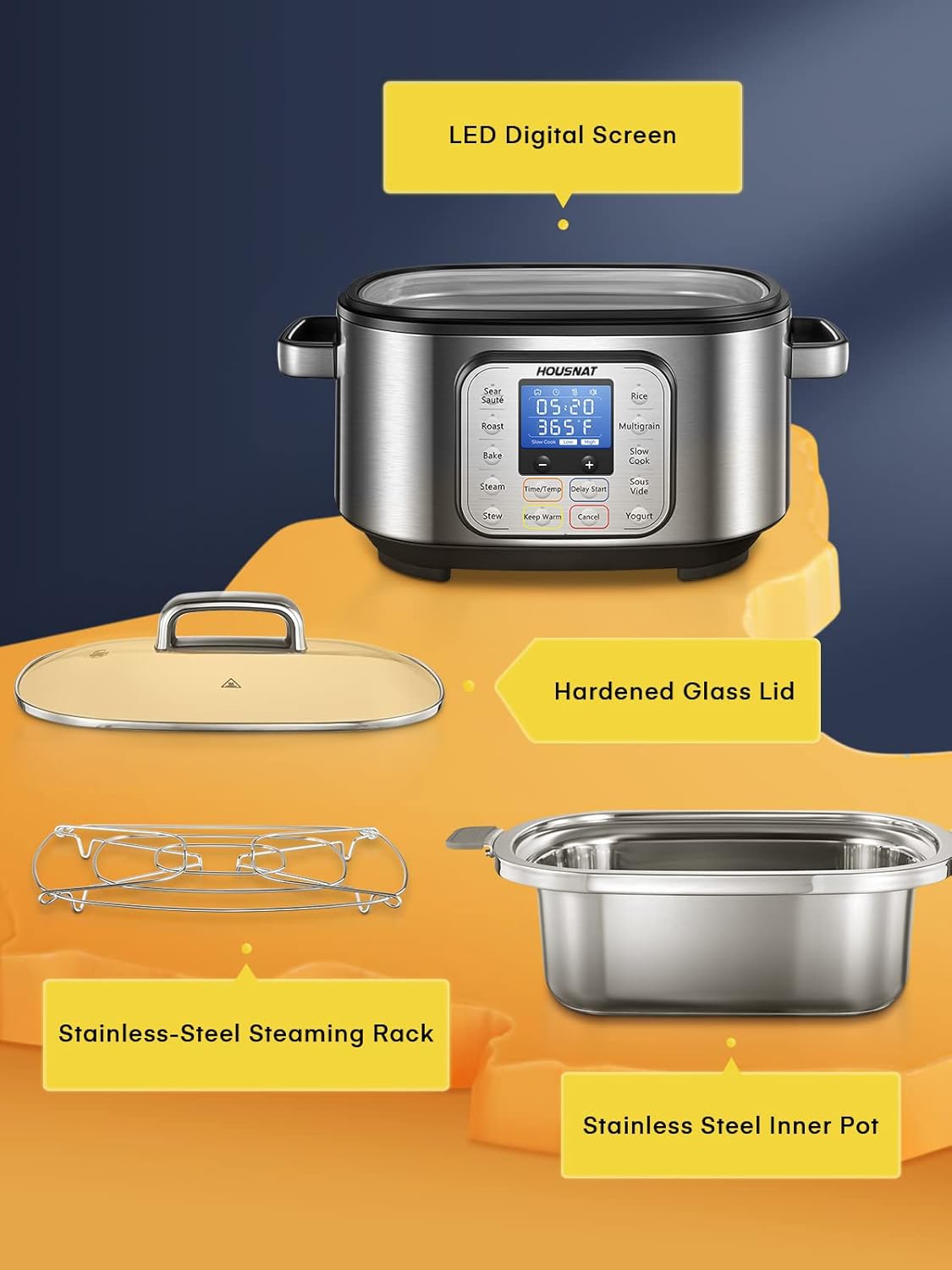 HOUSNAT Slow Cooker, 10 in 1 Programmable Cooker, 304 Stainless Steel Rice Cookers 6QT, Yogurt Maker, Delay Start, Adjustable Temp&amp; Digital Time for Large Families or Entertaining