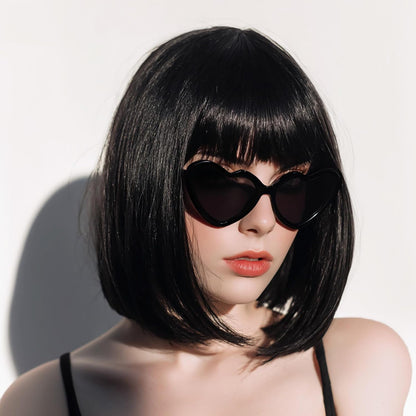 Black Bob Wig with Bangs, 12 Inch Straight Short Bob Wig, Natural Looking,Heat Resistant Synthetic,Adjustable Straps Wigs for Women Daily Wear and Party,with 2 Free Wig Caps
