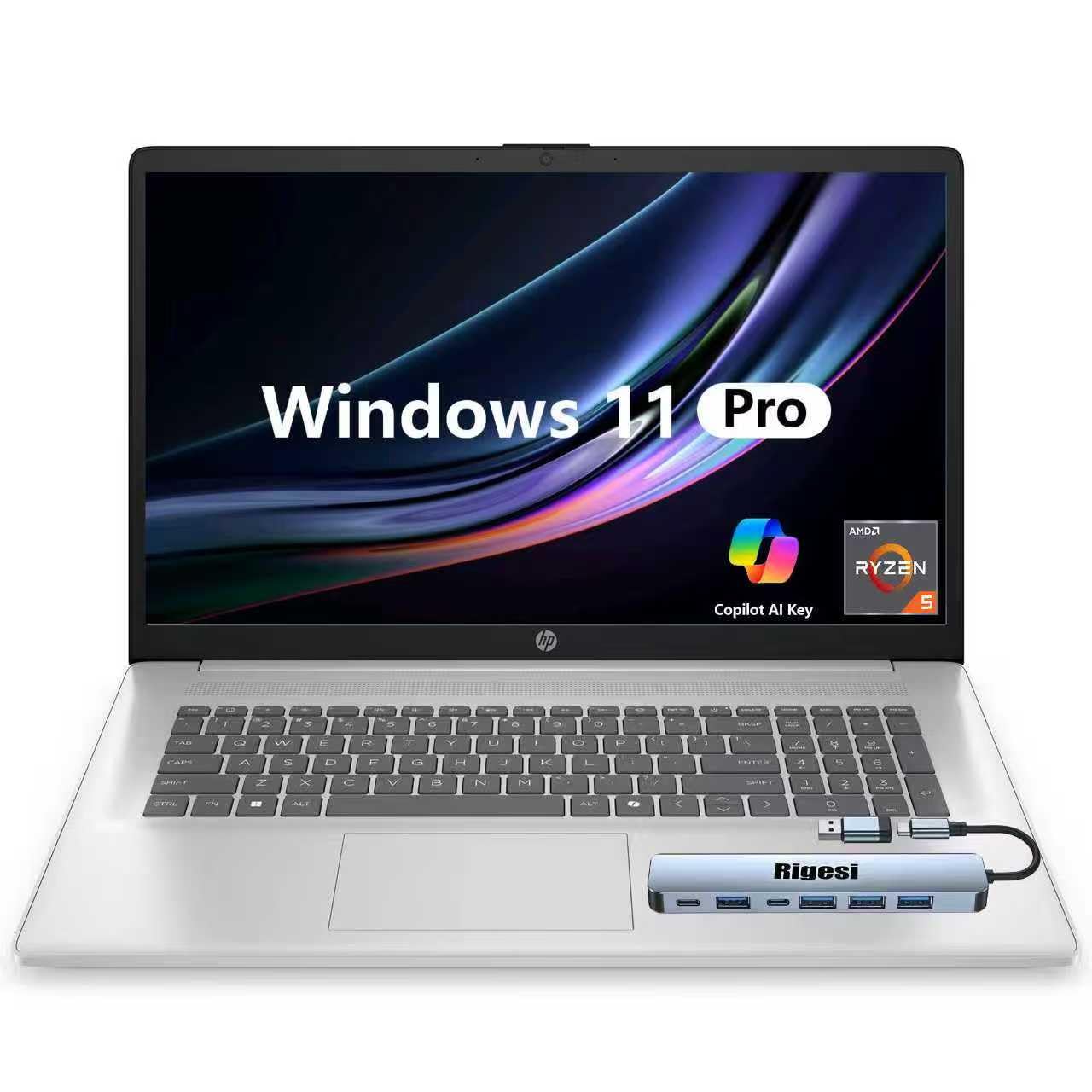 HP 2025 17 Laptop, 17.3" FHD Display, AMD Ryzen 5 Processor (Beats i7-1165G7), 16GB RAM, 512GB SSD, HDMI, Webcam, Wi-Fi 6, Windows 11 Pro, Silver with Docking Station