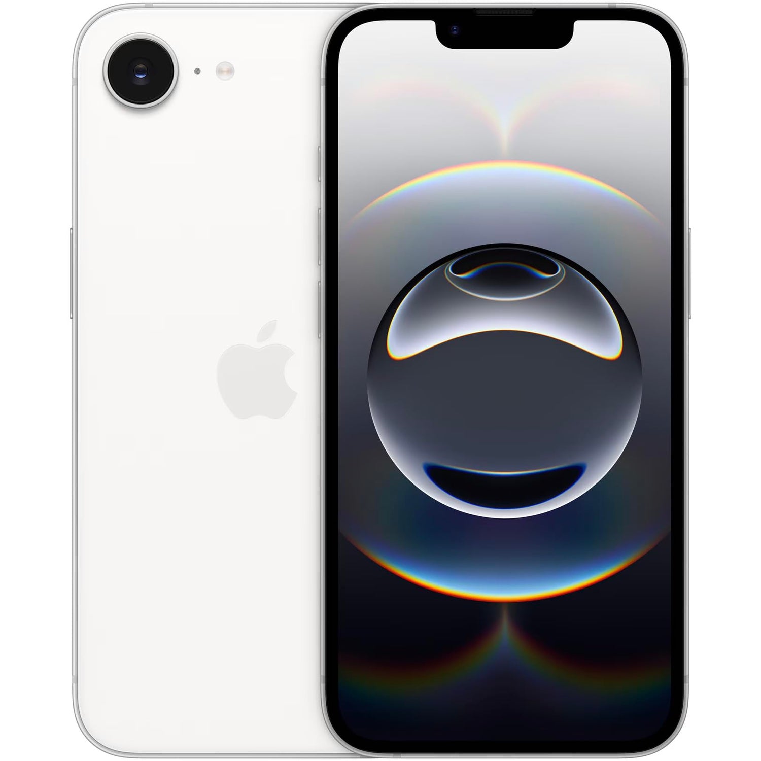Renewed iPhone 16e 128GB front and back view, showcasing sleek design and display features.