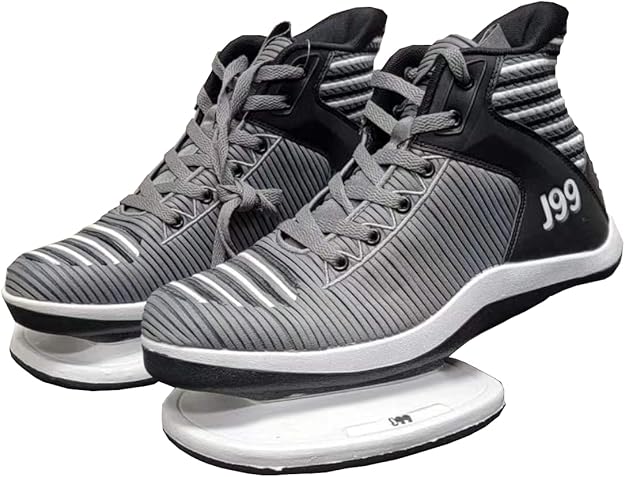 Gray and black J99 Flex Ultra Strength Plyometric Training Shoes with a high-top design and textured upper on a display stand