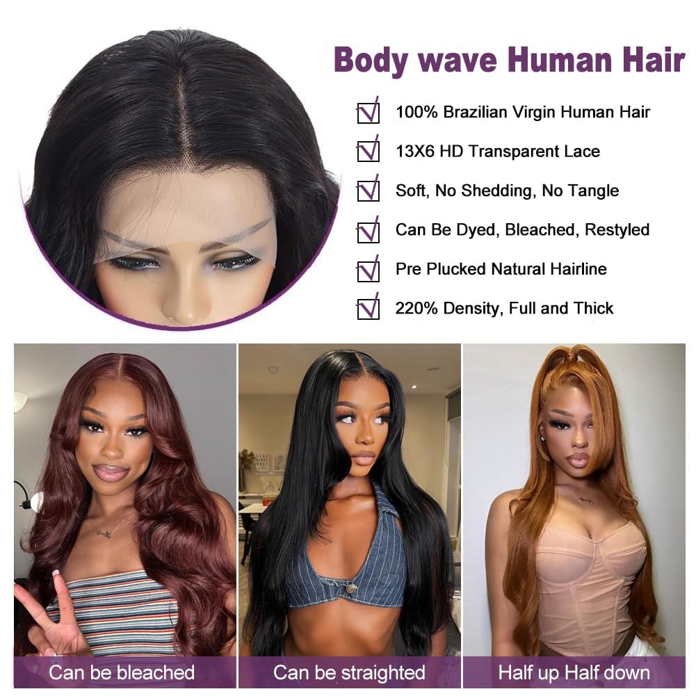 30 Inch 13x6 Lace Front Wigs Human Hair 220 Density Body Wave HD Lace Front Wigs Human Hair Pre Plucked Natural Black Glueless Frontal Wigs for Women