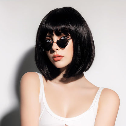 Black Bob Wig with Bangs, 12 Inch Straight Short Bob Wig, Natural Looking,Heat Resistant Synthetic,Adjustable Straps Wigs for Women Daily Wear and Party,with 2 Free Wig Caps
